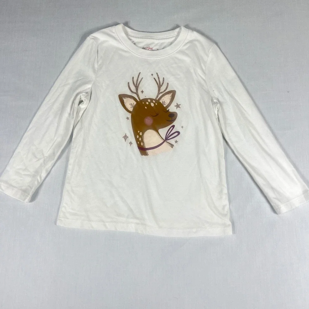 Cat & Jack Girls White Long Sleeve Deer Graphic Tee Shirt Size 5T Glitter Antler